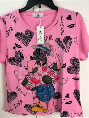 Women's Pink Graphic Tee by A — Summer Illustration